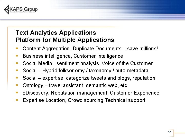 Text Analytics Applications Platform for Multiple Applications § § § § Content Aggregation, Duplicate