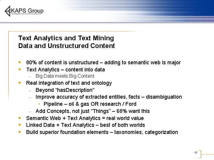 Text Analytics and Text Mining Data and Unstructured Content § 80% of content is