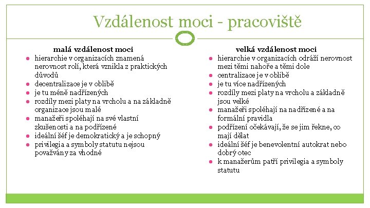 Vzdálenost moci - pracoviště ● ● ● ● malá vzdálenost moci hierarchie v organizacích