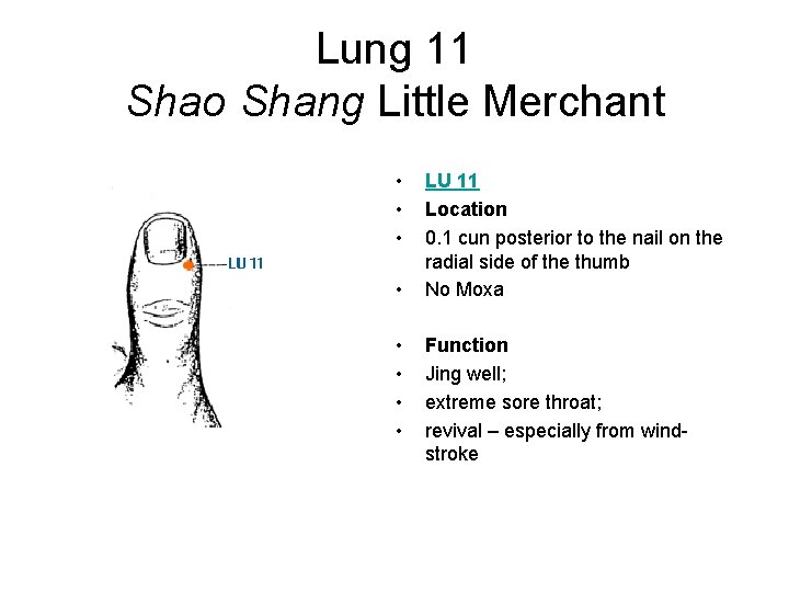 Lung 11 Shao Shang Little Merchant • • LU 11 Location 0. 1 cun