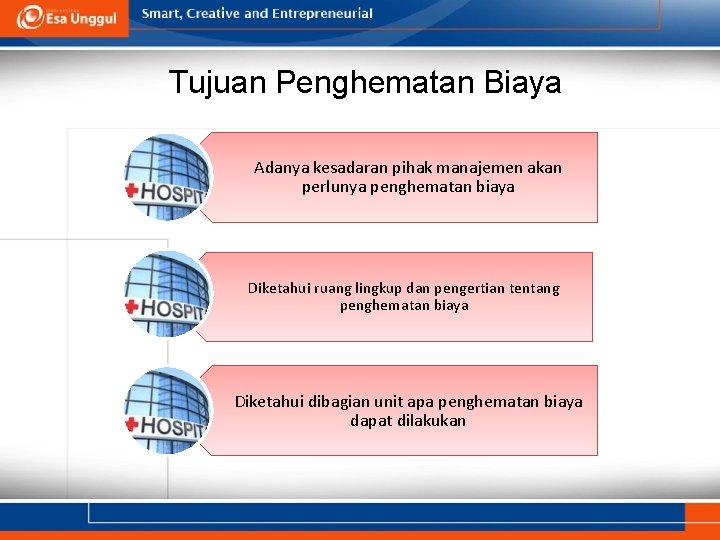 Tujuan Penghematan Biaya Adanya kesadaran pihak manajemen akan perlunya penghematan biaya Diketahui ruang lingkup