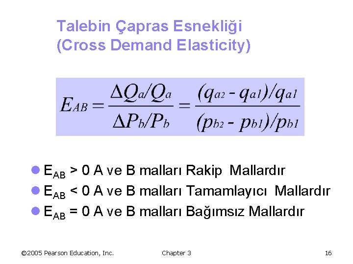 Talebin Çapras Esnekliği (Cross Demand Elasticity) l EAB > 0 A ve B malları
