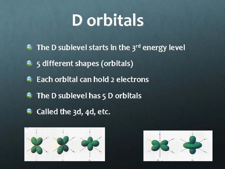 D orbitals The D sublevel starts in the 3 rd energy level 5 different