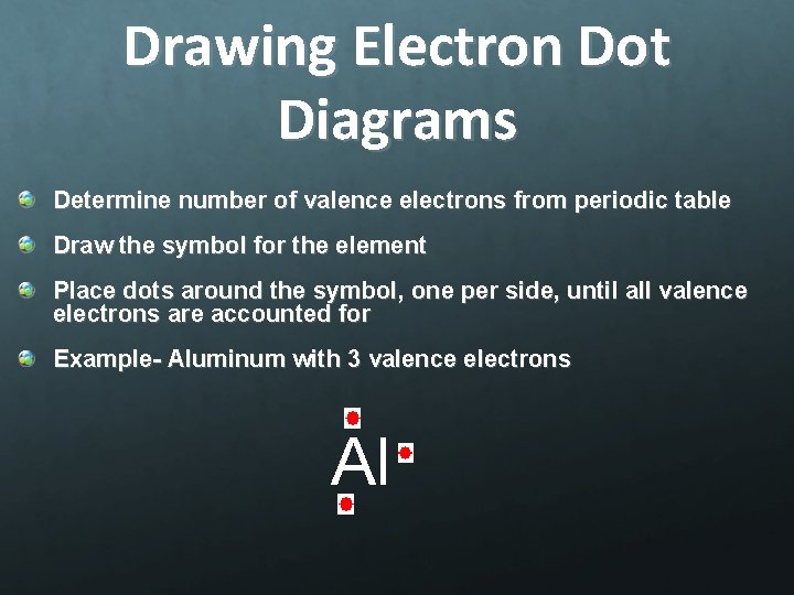 Drawing Electron Dot Diagrams Determine number of valence electrons from periodic table Draw the