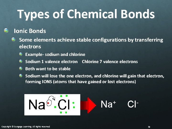 Types of Chemical Bonds Ionic Bonds Some elements achieve stable configurations by transferring electrons