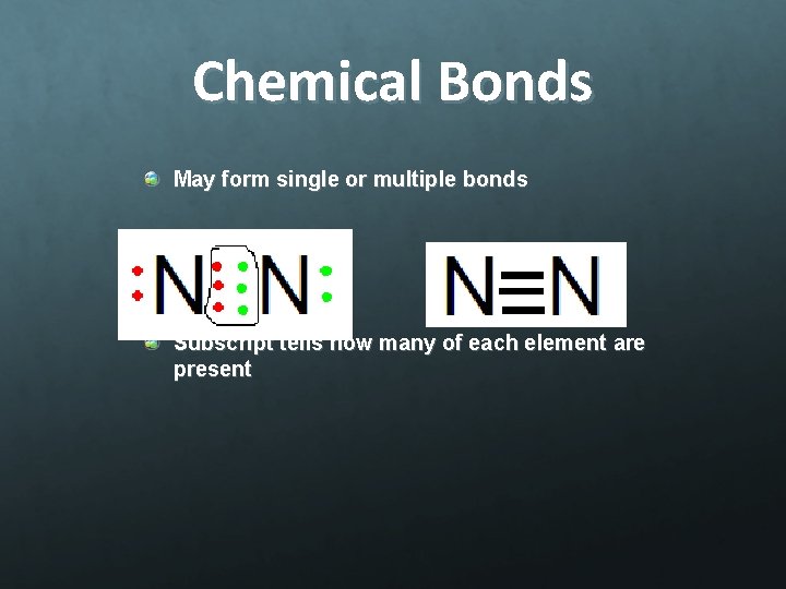 Chemical Bonds May form single or multiple bonds Subscript tells how many of each