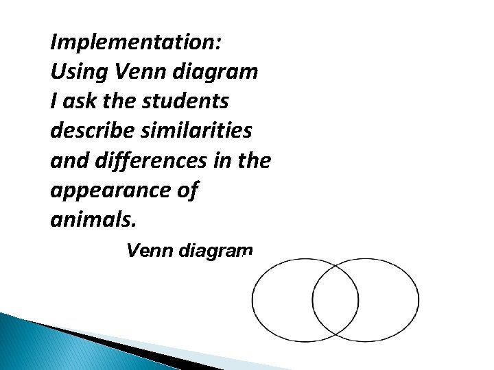 Implementation: Using Venn diagram I ask the students describe similarities and differences in the