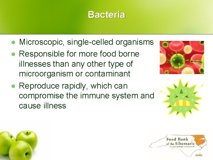 Bacteria l l l Microscopic, single-celled organisms Responsible for more food borne illnesses than