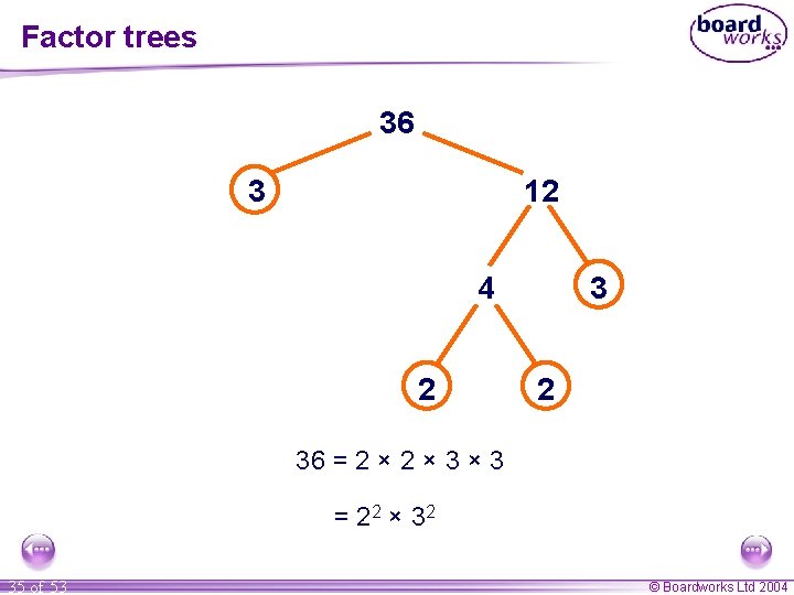 Factor trees 36 3 12 4 2 36 = 2 × 3 × 3