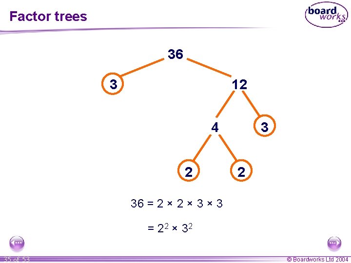 Factor trees 36 3 12 4 2 36 = 2 × 3 × 3 Factor trees 36 3 12 4 2 36 = 2 × 3 × 3