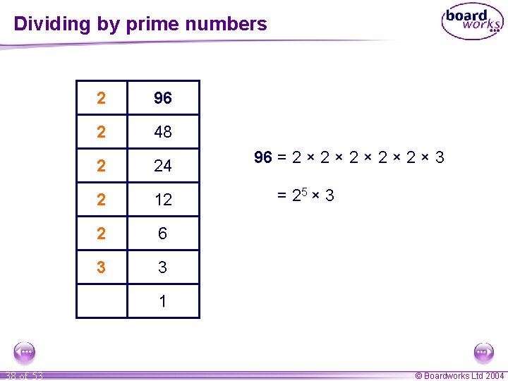 Dividing by prime numbers 2 96 2 48 2 24 2 12 2 6 Dividing by prime numbers 2 96 2 48 2 24 2 12 2 6
