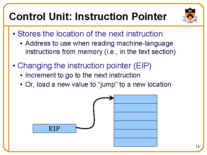 Control Unit: Instruction Pointer • Stores the location of the next instruction • Address Control Unit: Instruction Pointer • Stores the location of the next instruction • Address