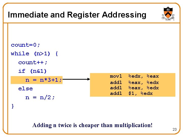 Immediate and Register Addressing count=0; while (n>1) { count++; if (n&1) n = n*3+1; Immediate and Register Addressing count=0; while (n>1) { count++; if (n&1) n = n*3+1;