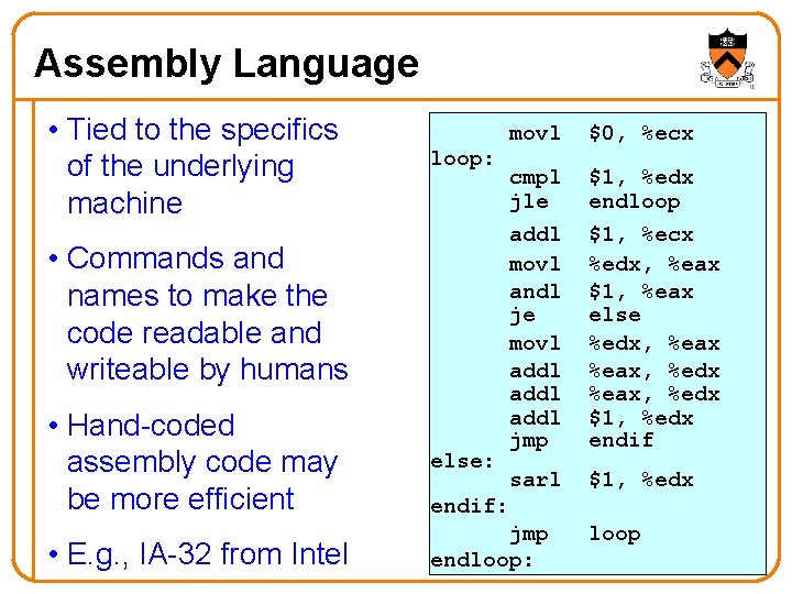 Assembly Language • Tied to the specifics of the underlying machine $0, %ecx cmpl