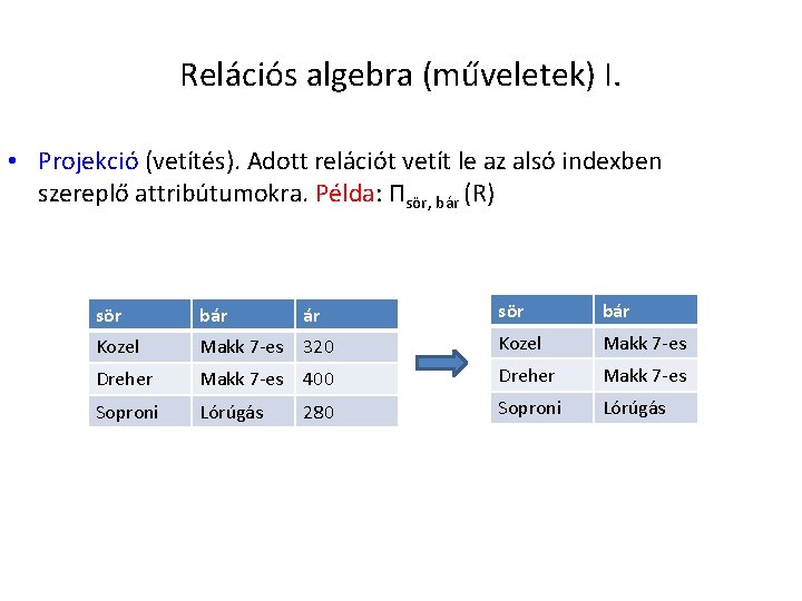 Relációs algebra (műveletek) I. • Projekció (vetítés). Adott relációt vetít le az alsó indexben