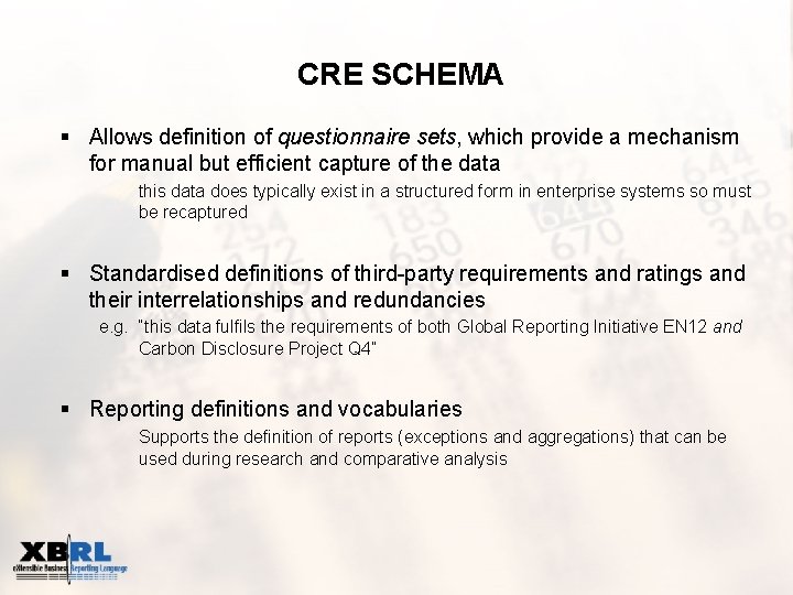 CRE SCHEMA § Allows definition of questionnaire sets, which provide a mechanism for manual