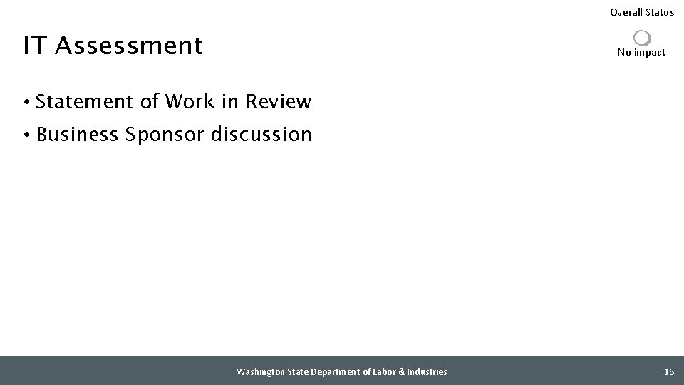 Overall Status m IT Assessment No impact • Statement of Work in Review •
