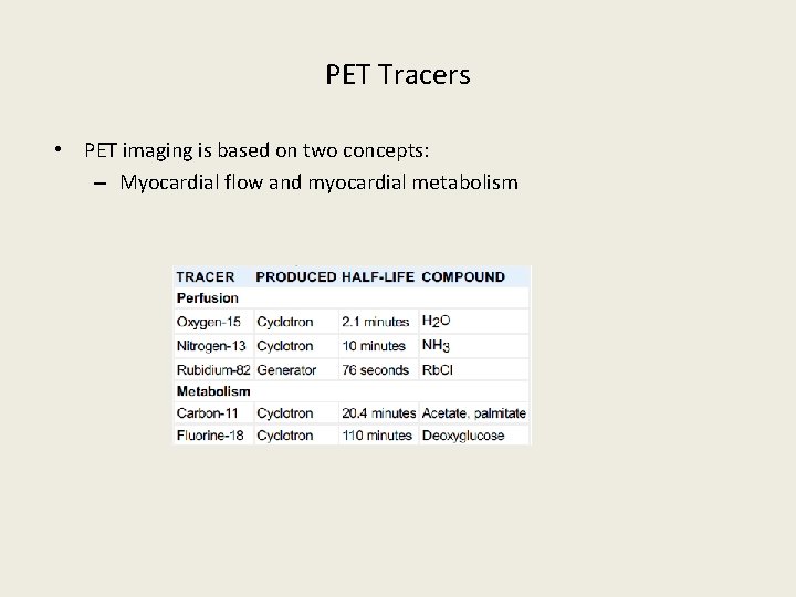 PET Tracers • PET imaging is based on two concepts: – Myocardial flow and