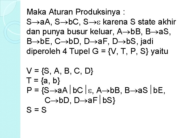 Maka Aturan Produksinya : S a. A, S b. C, S karena S state
