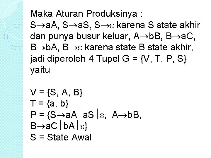 Maka Aturan Produksinya : S a. A, S a. S, S karena S state