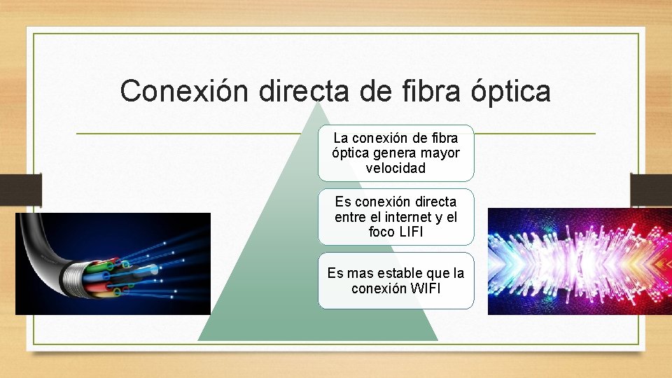 Conexión directa de fibra óptica La conexión de fibra óptica genera mayor velocidad Es