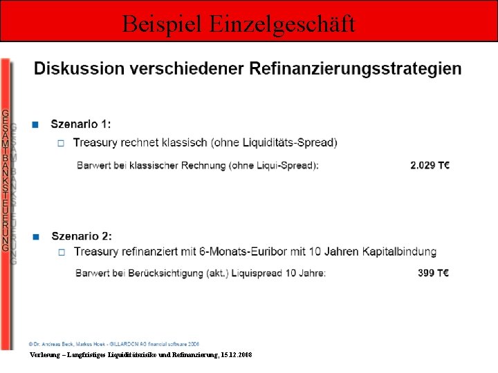 Beispiel Einzelgeschäft Vorlesung – Langfristiges Liquiditätsrisiko und Refinanzierung, 15. 12. 2008 