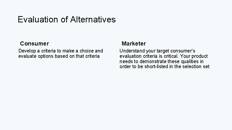 Evaluation of Alternatives Consumer Develop a criteria to make a choice and evaluate options