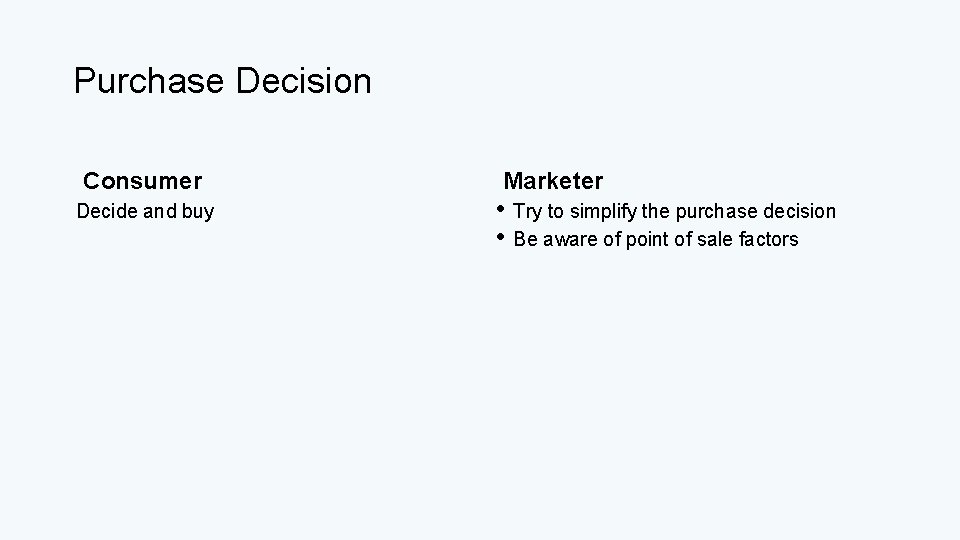 Purchase Decision Consumer Decide and buy Marketer • Try to simplify the purchase decision