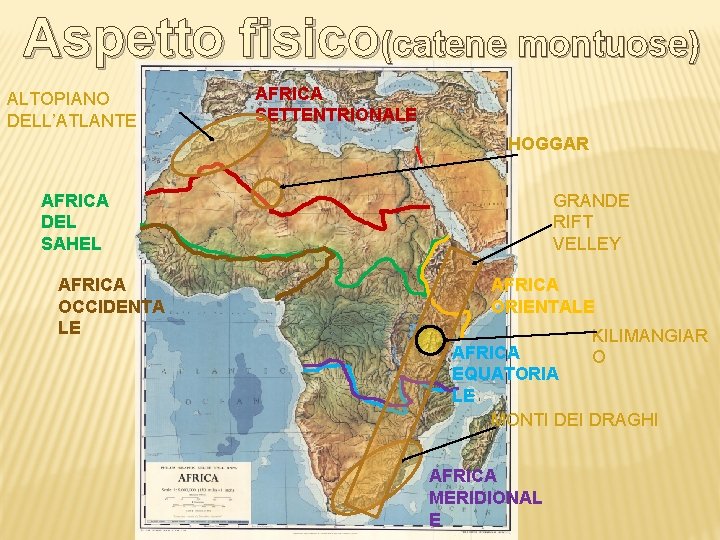 Aspetto fisico(catene montuose) ALTOPIANO DELL’ATLANTE AFRICA SETTENTRIONALE HOGGAR AFRICA DEL SAHEL AFRICA OCCIDENTA LE