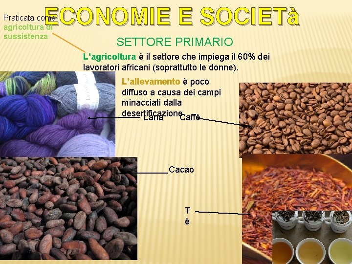 ECONOMIE E SOCIETà Praticata come agricoltura di sussistenza SETTORE PRIMARIO L'agricoltura è il settore