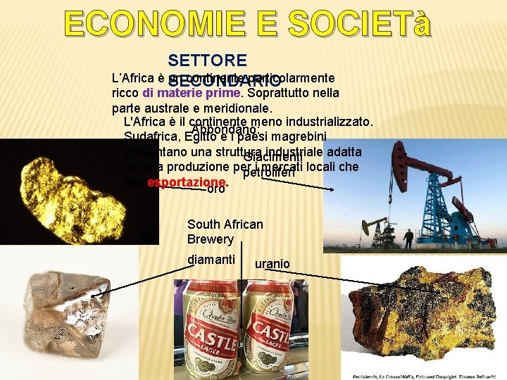 ECONOMIE E SOCIETà SETTORE L’Africa è un continente particolarmente SECONDARIO ricco di materie prime.