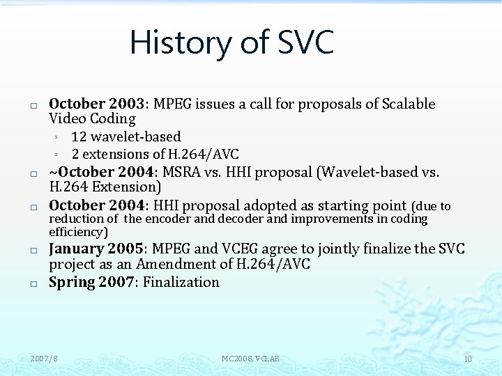 History of SVC � � � October 2003: MPEG issues a call for proposals