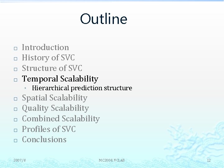 Outline � � Introduction History of SVC Structure of SVC Temporal Scalability ³ �