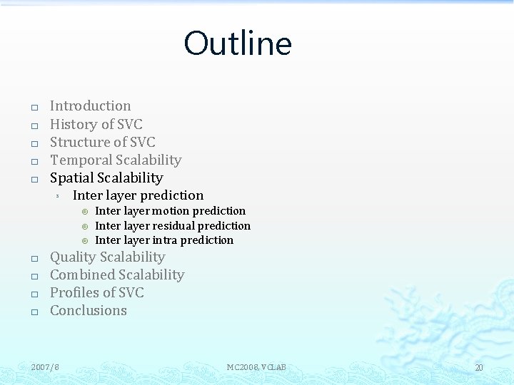 Outline � � � Introduction History of SVC Structure of SVC Temporal Scalability Spatial