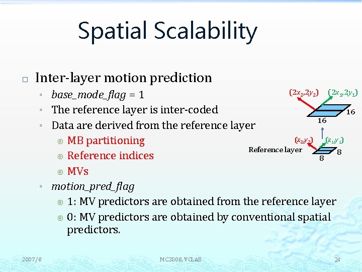 Spatial Scalability � Inter-layer motion prediction ³ ³ 2007/8 (2 x 2, 2 y