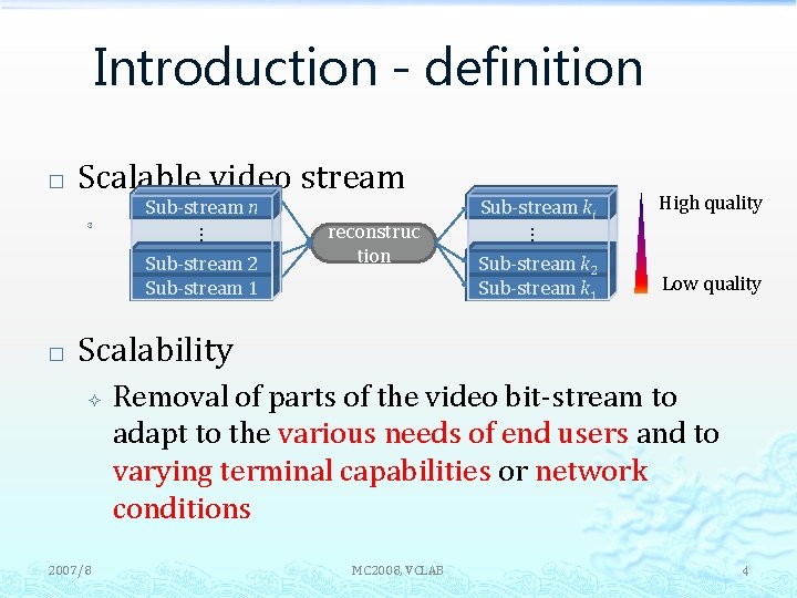Introduction - definition � Scalable video stream Sub-stream n Sub-stream 2 Sub-stream 1 �