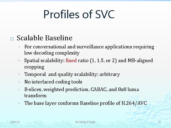 Profiles of SVC � Scalable Baseline ³ ³ ³ 2007/8 For conversational and surveillance