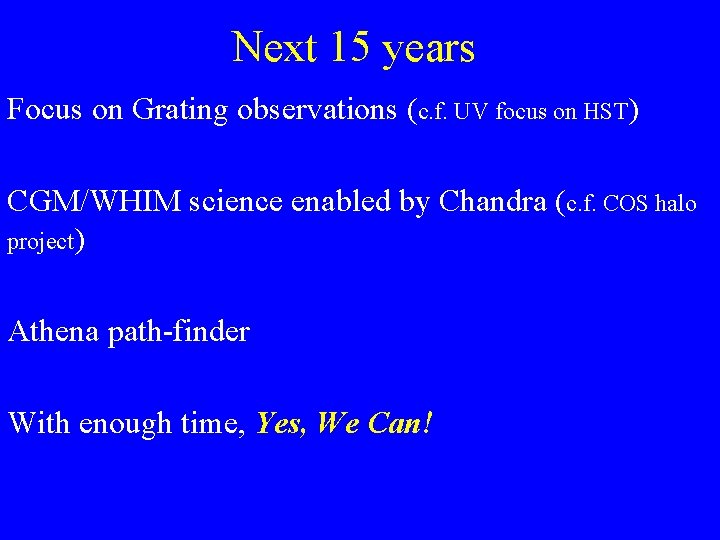 Next 15 years Focus on Grating observations (c. f. UV focus on HST) CGM/WHIM
