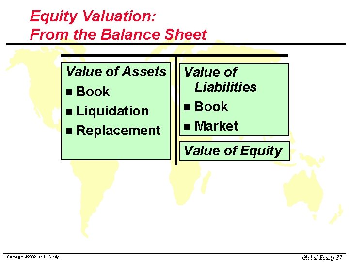 Equity Valuation: From the Balance Sheet Value of Assets n Book n Liquidation n