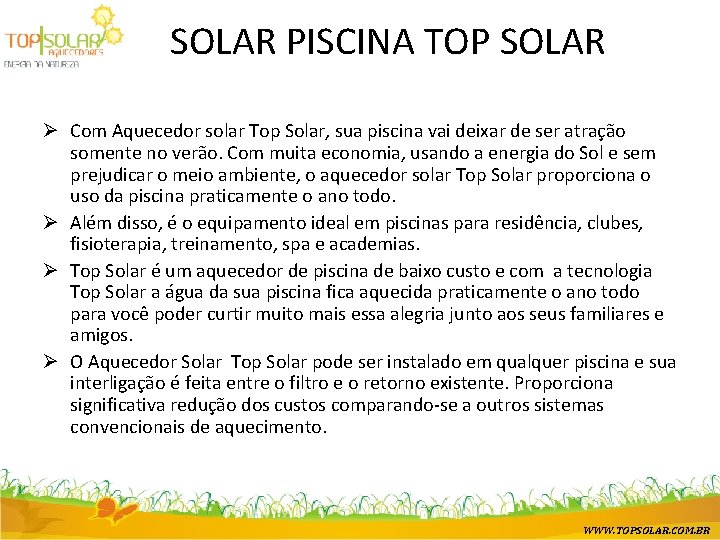 SOLAR PISCINA TOP SOLAR Ø Com Aquecedor solar Top Solar, sua piscina vai deixar