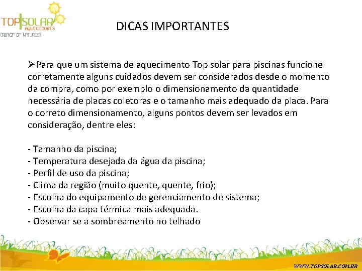 DICAS IMPORTANTES ØPara que um sistema de aquecimento Top solar para piscinas funcione corretamente