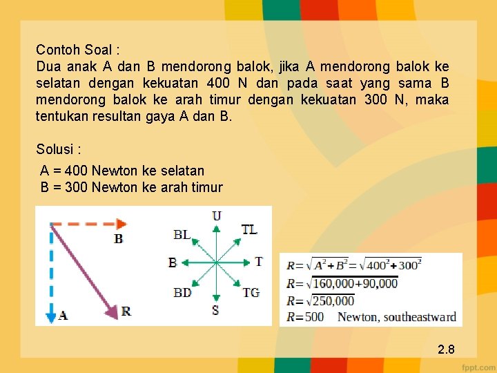 Contoh Soal : Dua anak A dan B mendorong balok, jika A mendorong balok