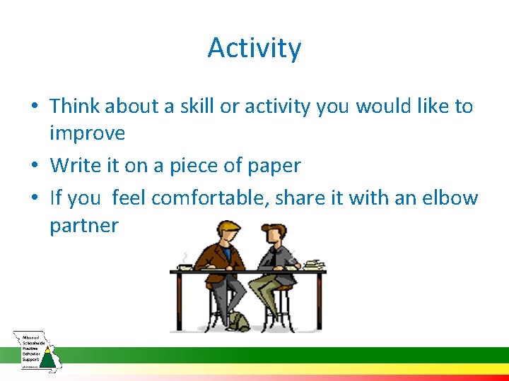 Activity • Think about a skill or activity you would like to improve •