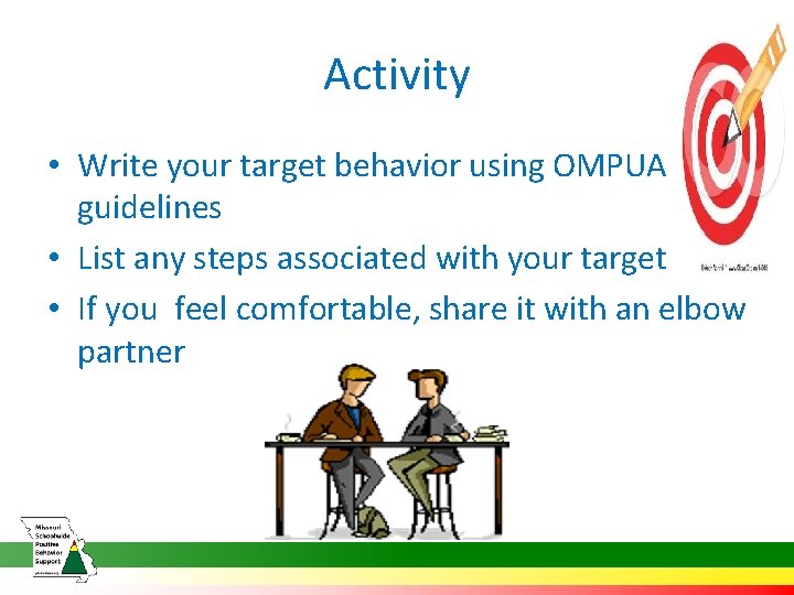 Activity • Write your target behavior using OMPUA guidelines • List any steps associated