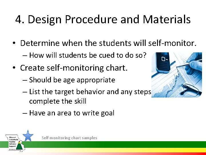 4. Design Procedure and Materials • Determine when the students will self-monitor. – How