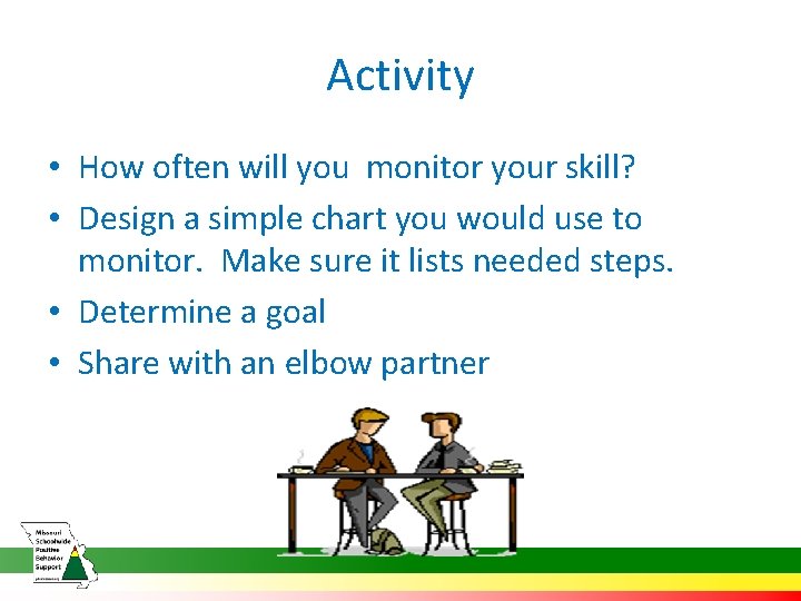 Activity • How often will you monitor your skill? • Design a simple chart