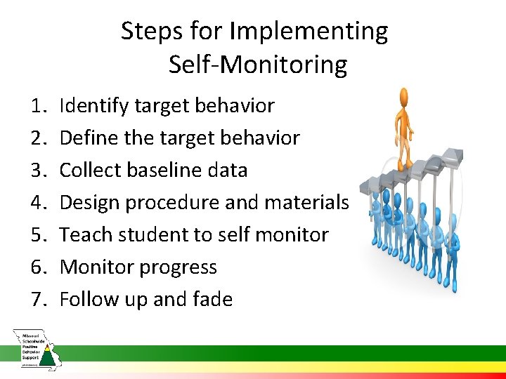 Steps for Implementing Self-Monitoring 1. 2. 3. 4. 5. 6. 7. Identify target behavior