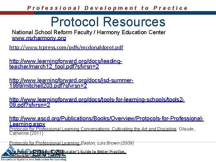 Professional Development to Practice Protocol Resources National School Reform Faculty / Harmony Education Center