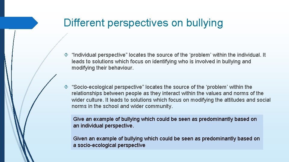 Different perspectives on bullying “Individual perspective” locates the source of the ‘problem’ within the