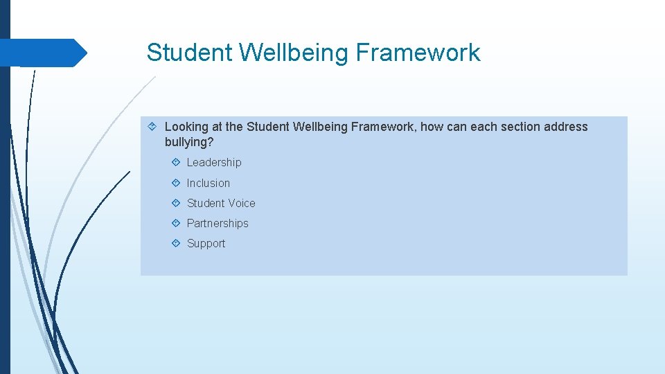 Student Wellbeing Framework Looking at the Student Wellbeing Framework, how can each section address